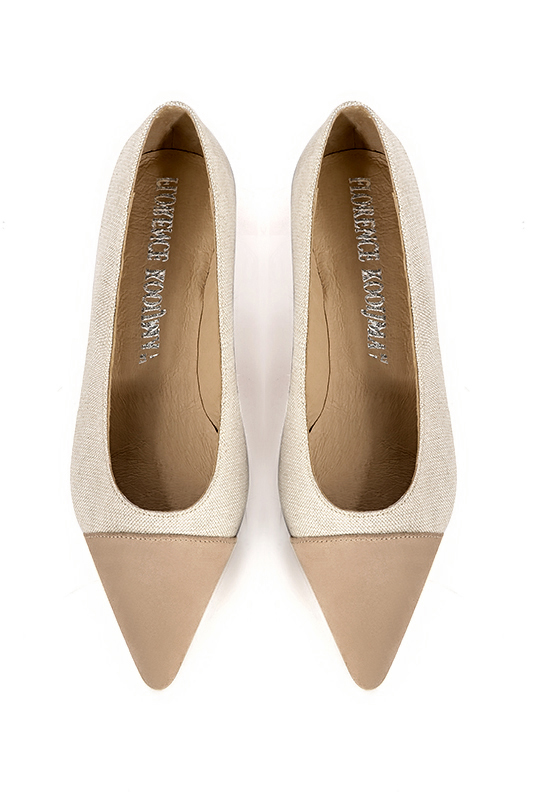 Tan beige and gold women's dress pumps, with a round neckline. Pointed toe. Flat block heels. Top view - Florence KOOIJMAN